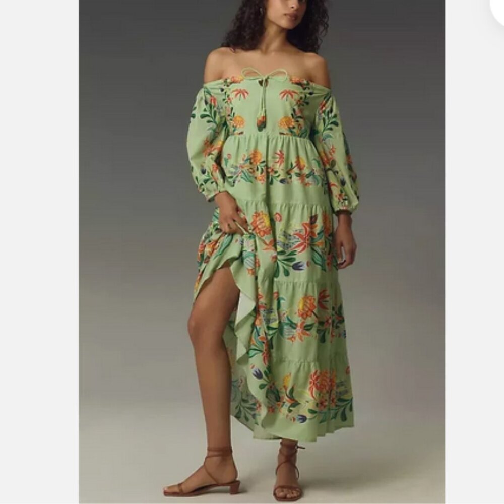 FARM Rio Light Green Floral Off-Shoulder Maxi Dress